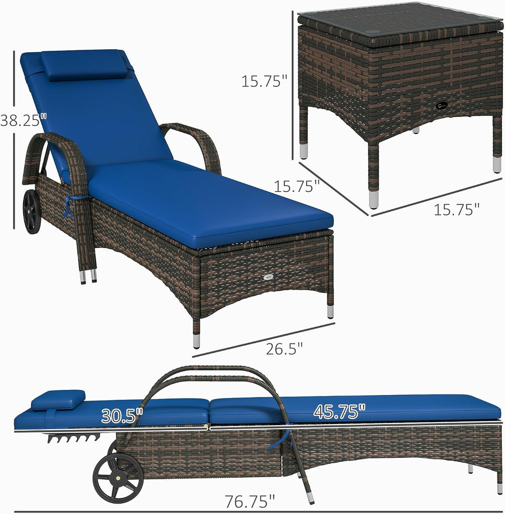 Wicker Outdoor Chaise Lounge Chair Set of 3 Blue | Side Table, 5-Level Adjustable Backrest, PE Rattan Pool Lounge