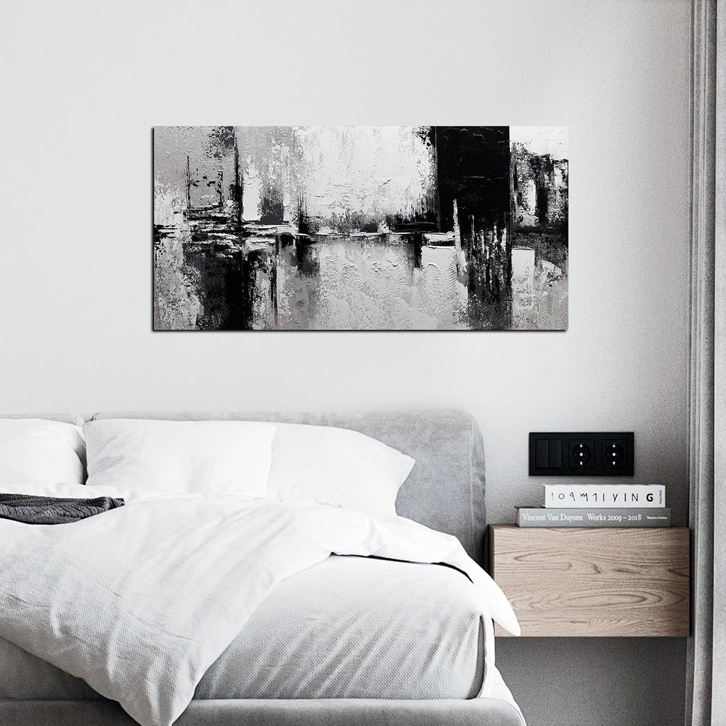 Black and White Abstract Wall Art Textured Canvas Painting Large Minimalist Modern Artwork Office Home Decor Ready to