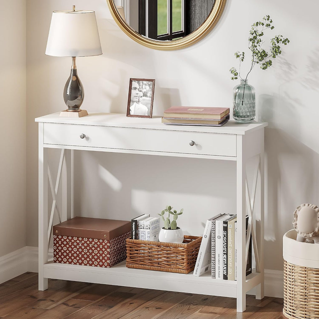 White Console Table with Drawer and Storage Shelves, Foyer Sofa Table Narrow