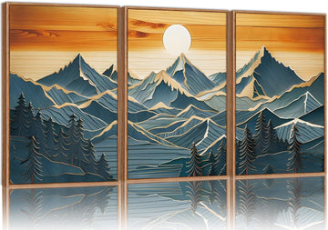 Large Mountains Framed Canvas Wall Art Set of 3, Boho Nature Woodcut Forest Art Prints, Mid Century Modern Wall