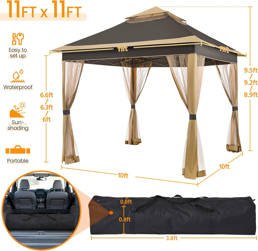 11x11 Pop Up Gazebo Outdoor Canopy Shelter, Instant Patio Gazebo Sun Shade Canopy Tent with 4 Sandbags