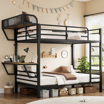Bunk Bed Twin Over Twin, Metal Bunk Beds with Power Outlets & Desk