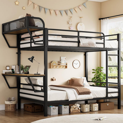 Bunk Bed Twin Over Twin, Metal Bunk Beds with Power Outlets & Desk