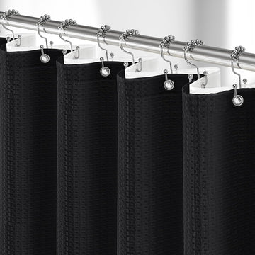 3 in 1 Waffle Shower Curtain Set with PEVA Liner 72Wx72H Black | 256GSM Heavy Duty Fabric, Waterproof Clear Liner