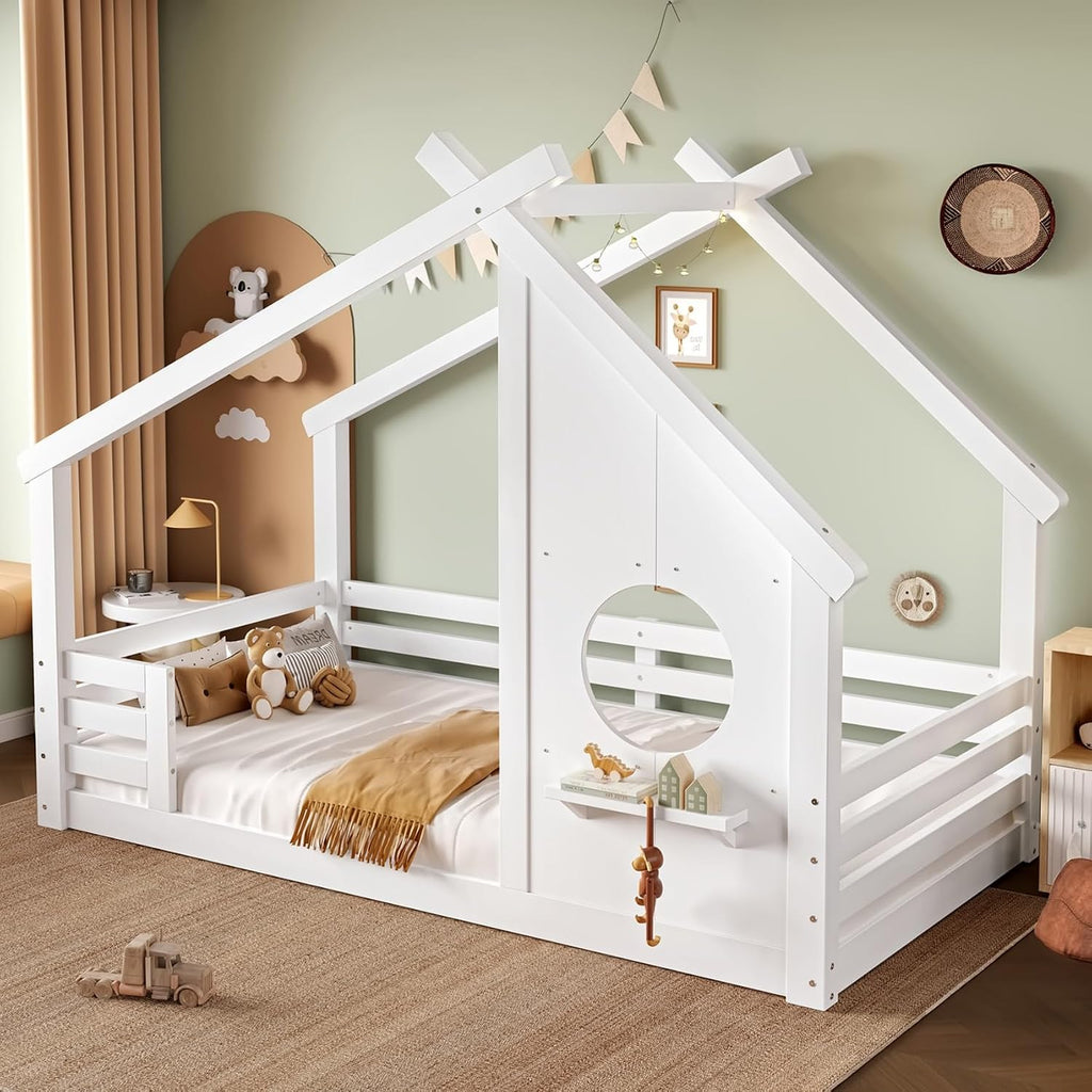 Solid Wood Tw Shape Floor Bed Frame for Kids with Window, Roof, Guardrails and Small Shelf, Montessori Low Profile