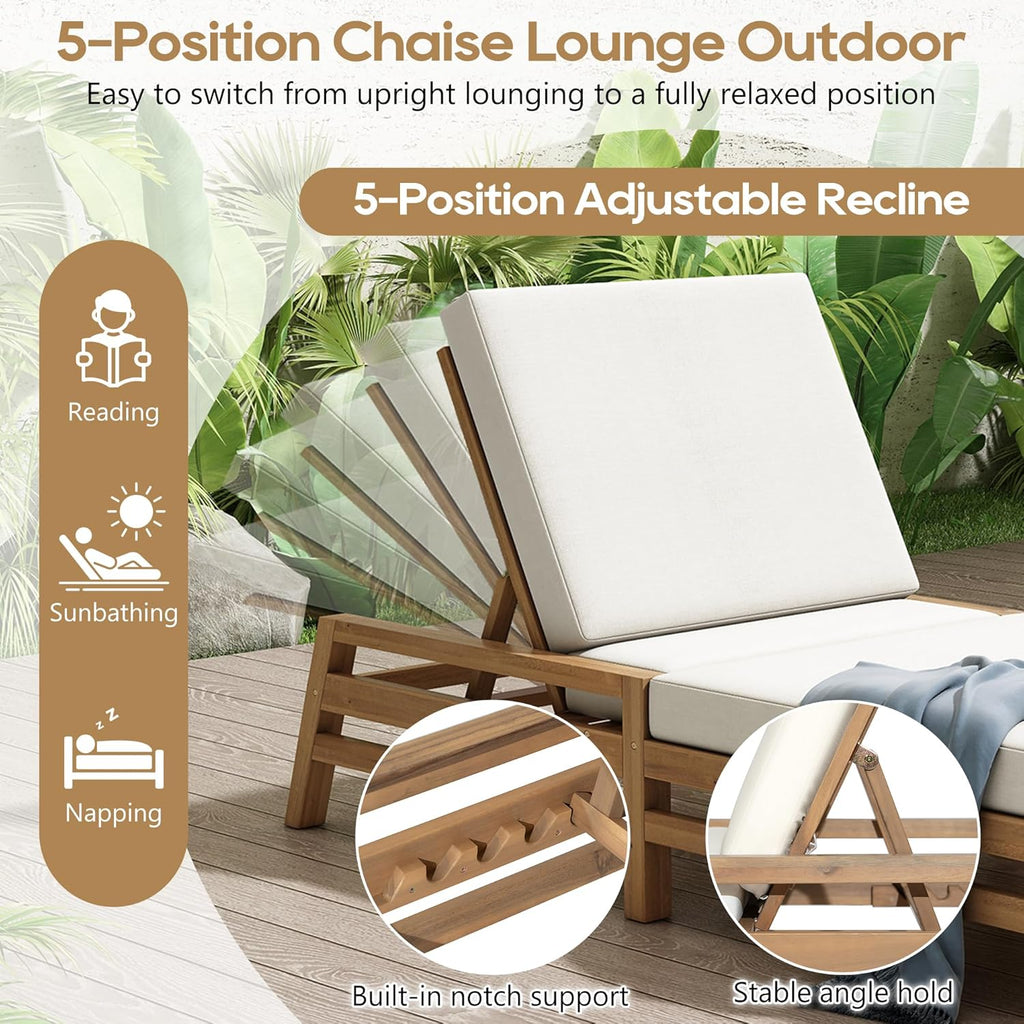 Acacia Wood Outdoor Patio Chaise Lounge Chair, All Weather Recliner Chair with Thick Cushions and 5-Position
