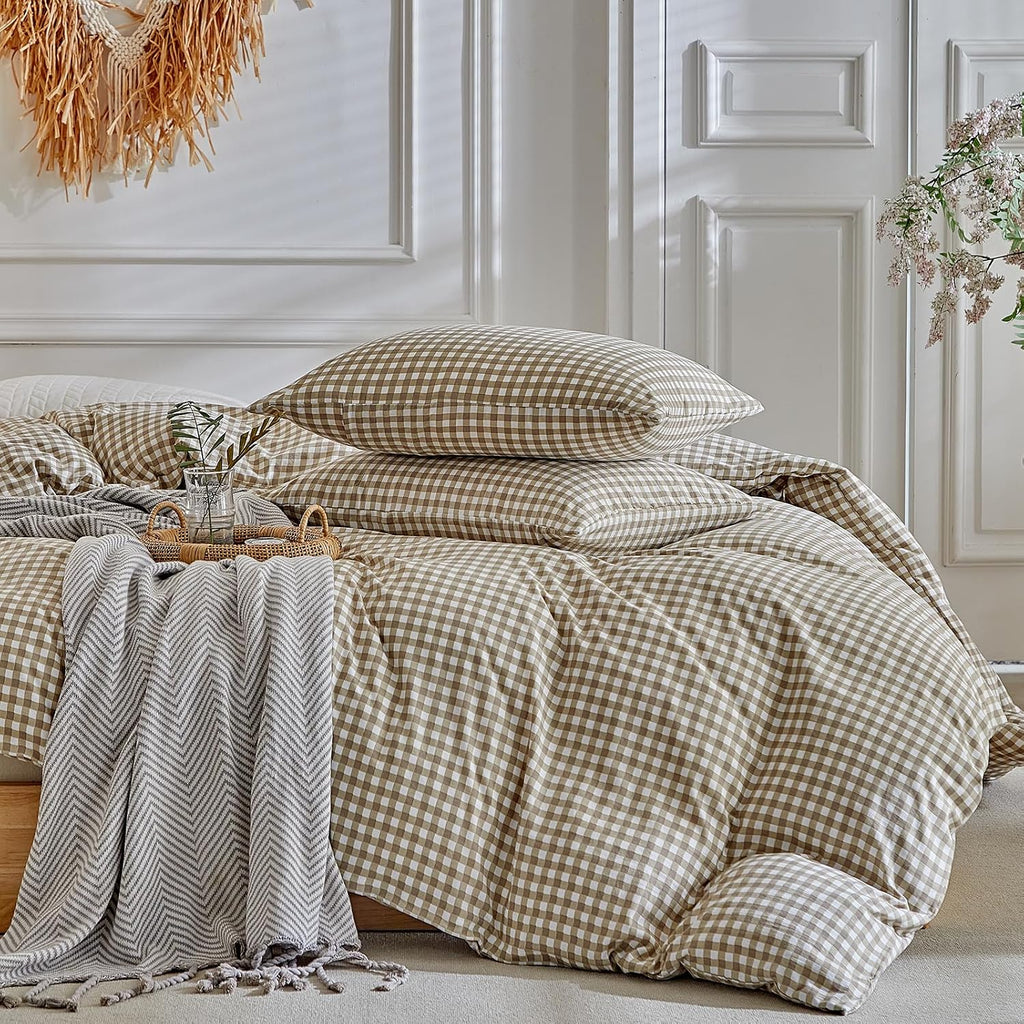 Grid Queen Duvet Cover Set - Tan Gingham Washed Microfiber Comforter Cover Set, 3 Pieces Plaid Checkered Soft - Set of 3
