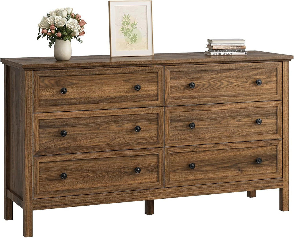 55" Walnut Dresser , 6 Drawer Dresser with Wide Drawer and Metal Handles, Wood Dressers & Chests of Drawers .