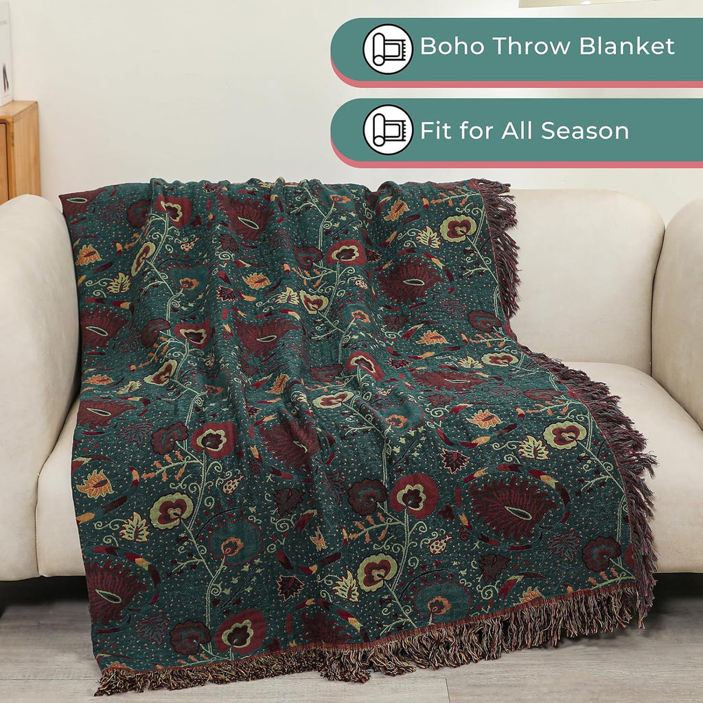 Boho Throw Blanket,100% Ultra Cotton Soft Breathable Bed Throw Floral Printed Farmhouse Decor Rustic Bed Throws
