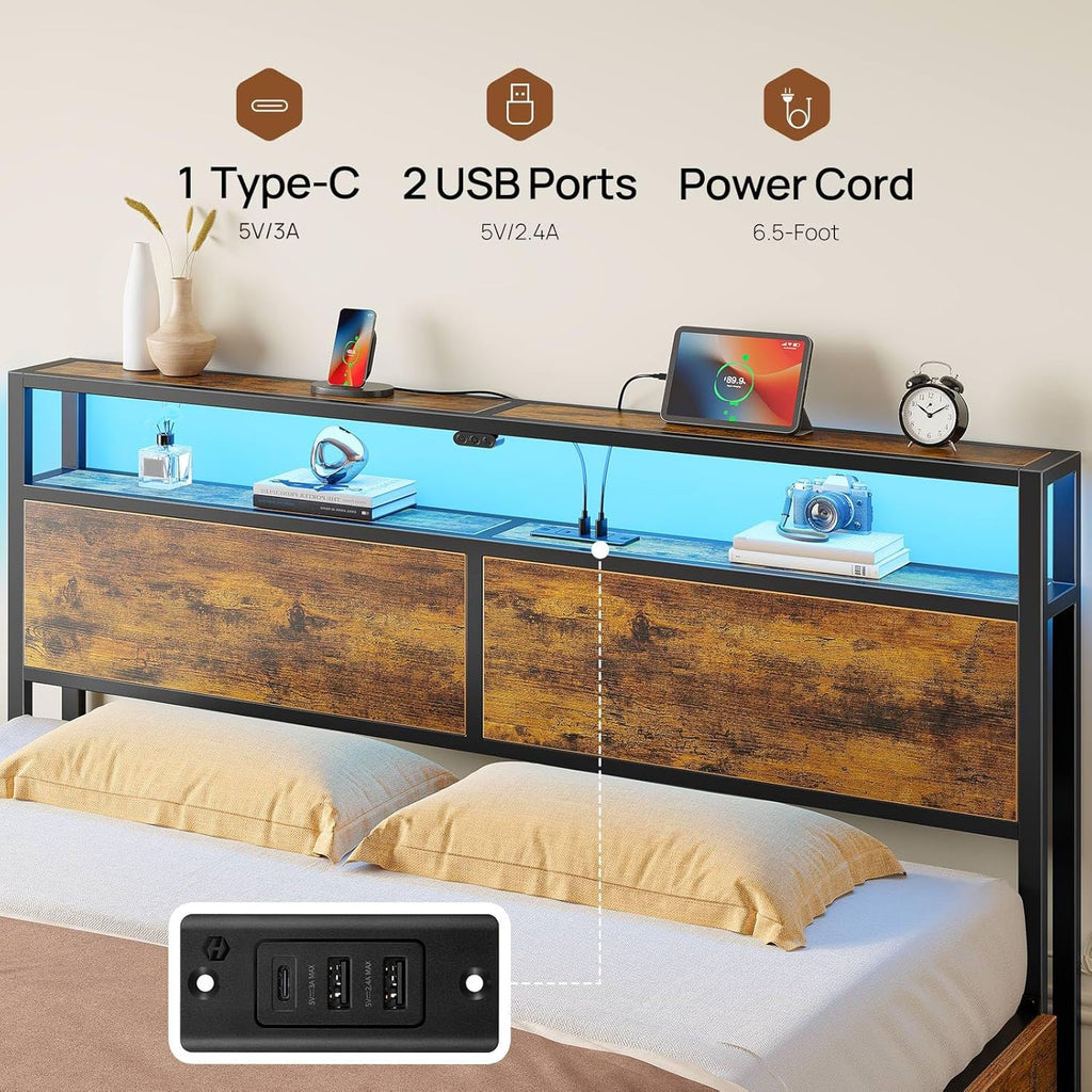 Full Bed Frame with 4 Storage Drawers, Charging Station and LED Lights
