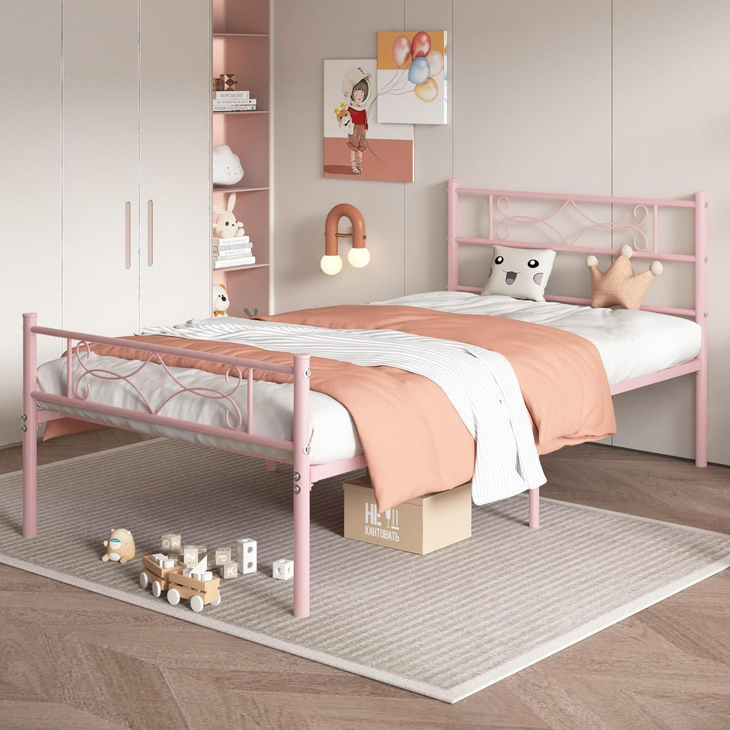 14" Twin Size Pink Metal Platform Bed Frame with Headboard for Kids,Premium Steel Slat Support/No Box Spring