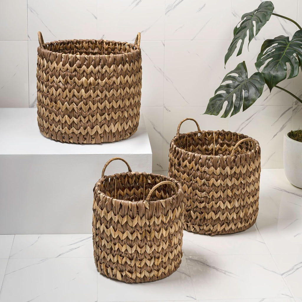 Cassia 3-Piece Handwoven Hyacinth Nesting Baskets, Brown/Natural | Two-Tone Style, Integrated Round Handles, Durable