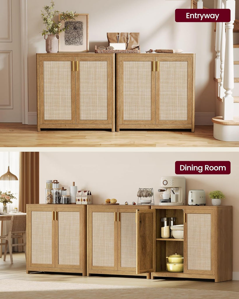ELLAN Collection - Boho Buffet Cabinet with Rattan-Look Doors, Sideboard Storage Cabinet, Rounded Corners