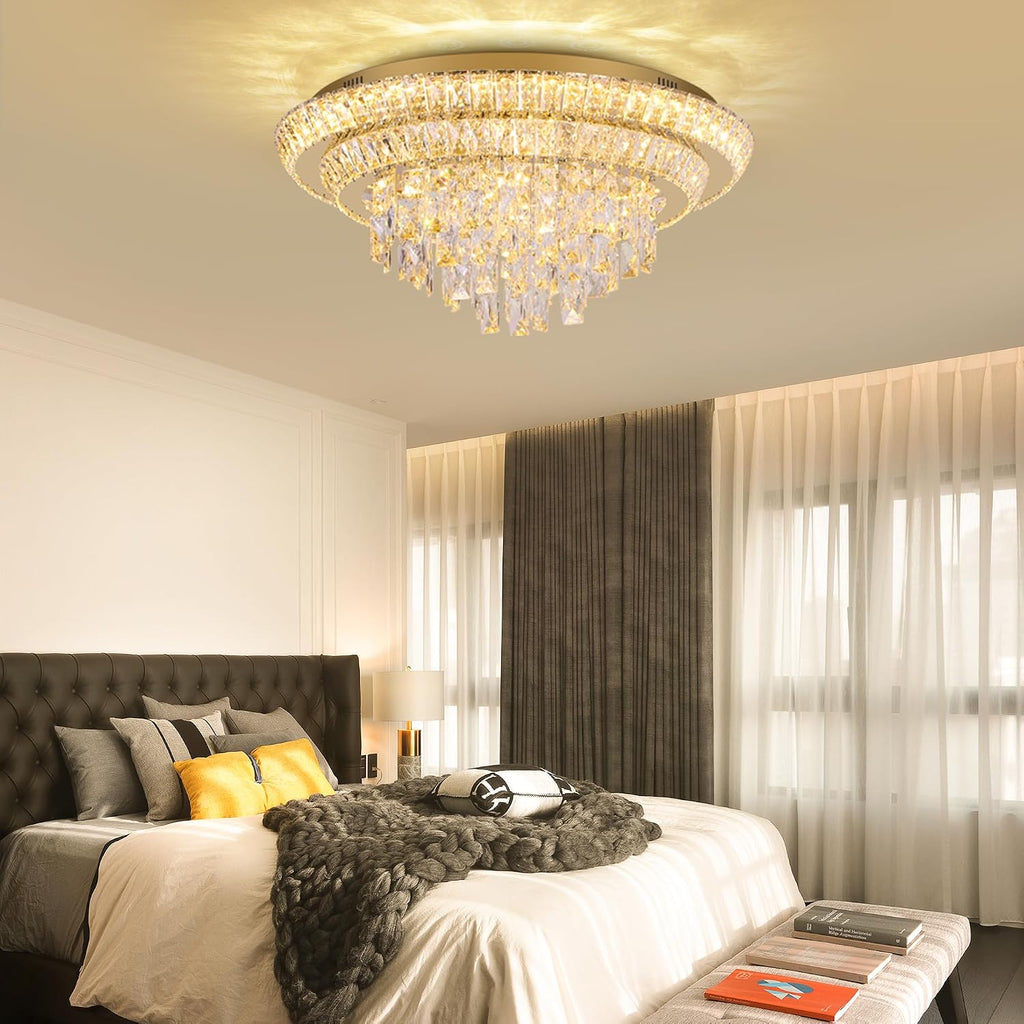 24 inch Crystal Gold Ceiling-Light Flush Mount With Remote Control and APP | 3CCT Dimmable & Brightness Adjustable
