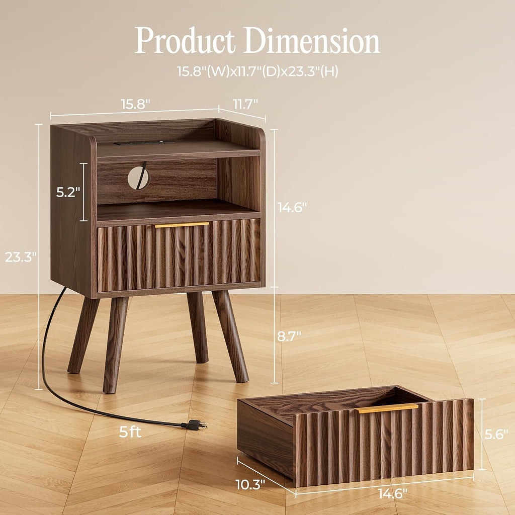 Nightstand with Charging Station, USB-C Port, Fluted Night Stand Set of 2, Bed Side Table with Drawer, Solid Wood