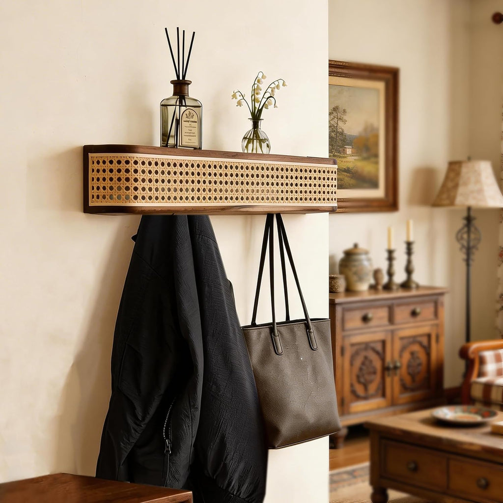 Solid North American Black Walnut Wall Coat Rack with Shelf | Modern wooden entryway wall mount coat rack with rattan