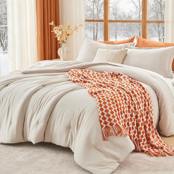 Comforter Set Beige, 3 Piece Solid Bedding for All Seasons