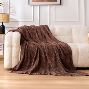 Chunky Chenille Knit Throw Blanket, Soft and Warm Lightweight Jersey, 50"×60", Brown