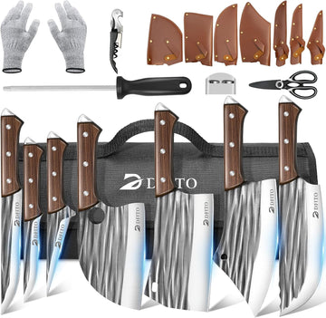Butcher Knife Set, Sharp Kitchen Knife Set with Roll Bag Gift for Men | Hand Forged 14PCS Butcher Chef Knife Set with