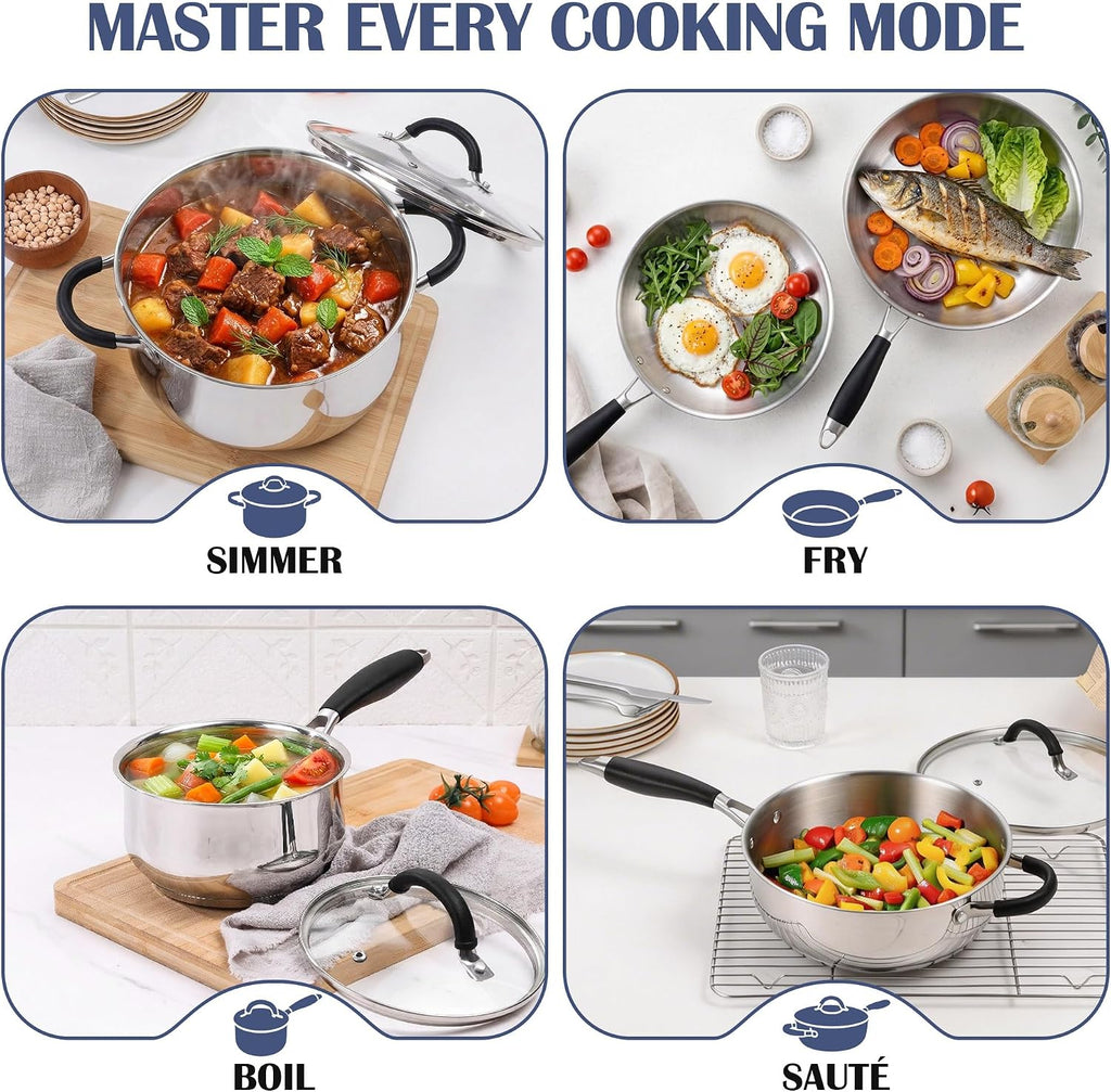 10-Piece Stainless Steel Cookware Set - Induction Pots and Pans Set | Tri-Ply Base with Stay-Cool Handles, Dishwasher