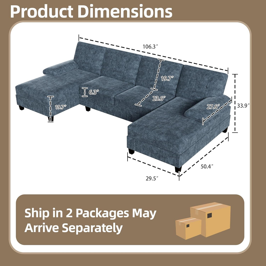 U-Shaped Sectional Couches , 4 Seat Sofa with Double Chaise Lounges,Solid Wood Frame Sectional Sofa ,Dark Grey