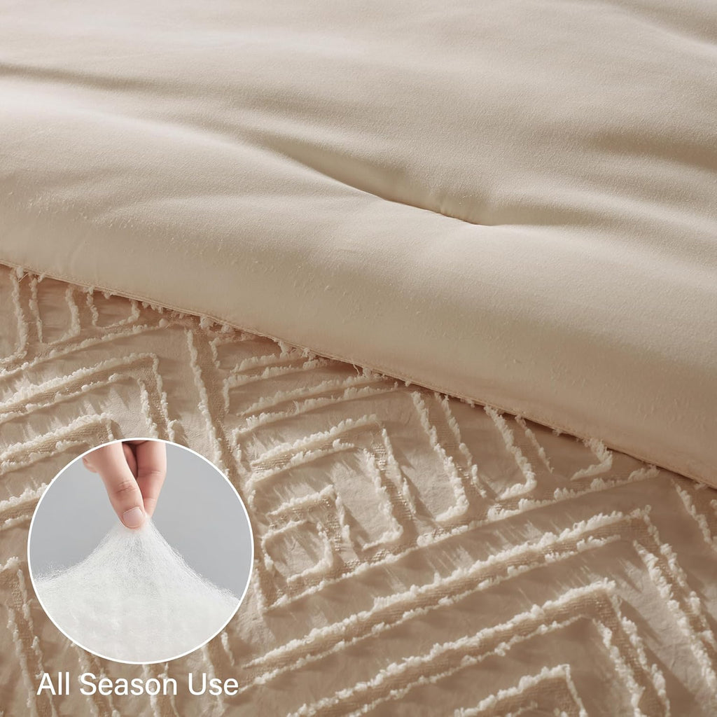 Comforter Set 7 Pieces, Beige Tufted Bed in a Bag with Comforter and Sheets