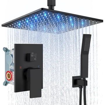 Ceiling Shower Faucet Set with Handheld 12" LED Head Matte Black