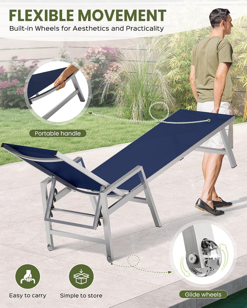Patio Chaise Lounge Chair Outdoor Set of 2 with Wheels&Armrests, Aluminum Pool Lounge Chairs Five-Position Adjustable