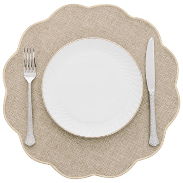 Beige Round Scalloped Placemats Set of 4 Polyester Linen Blend