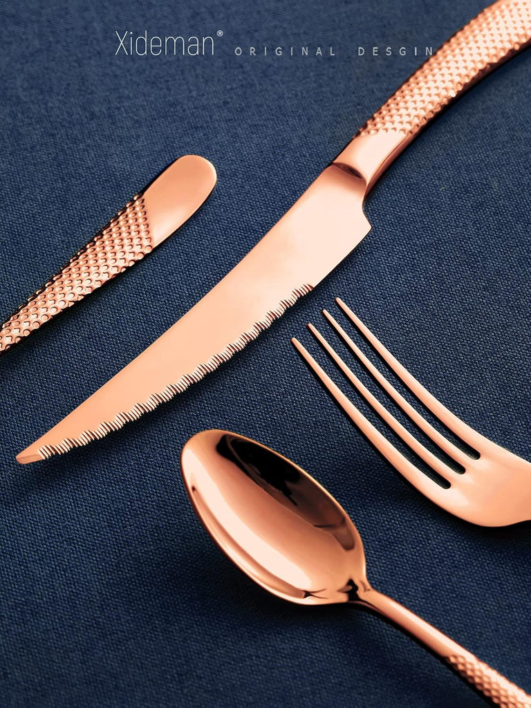 16-Piece ​Modern Copper Hammered Silverware Set with Ultra Sharp 2-IN-1 Serrated Knife