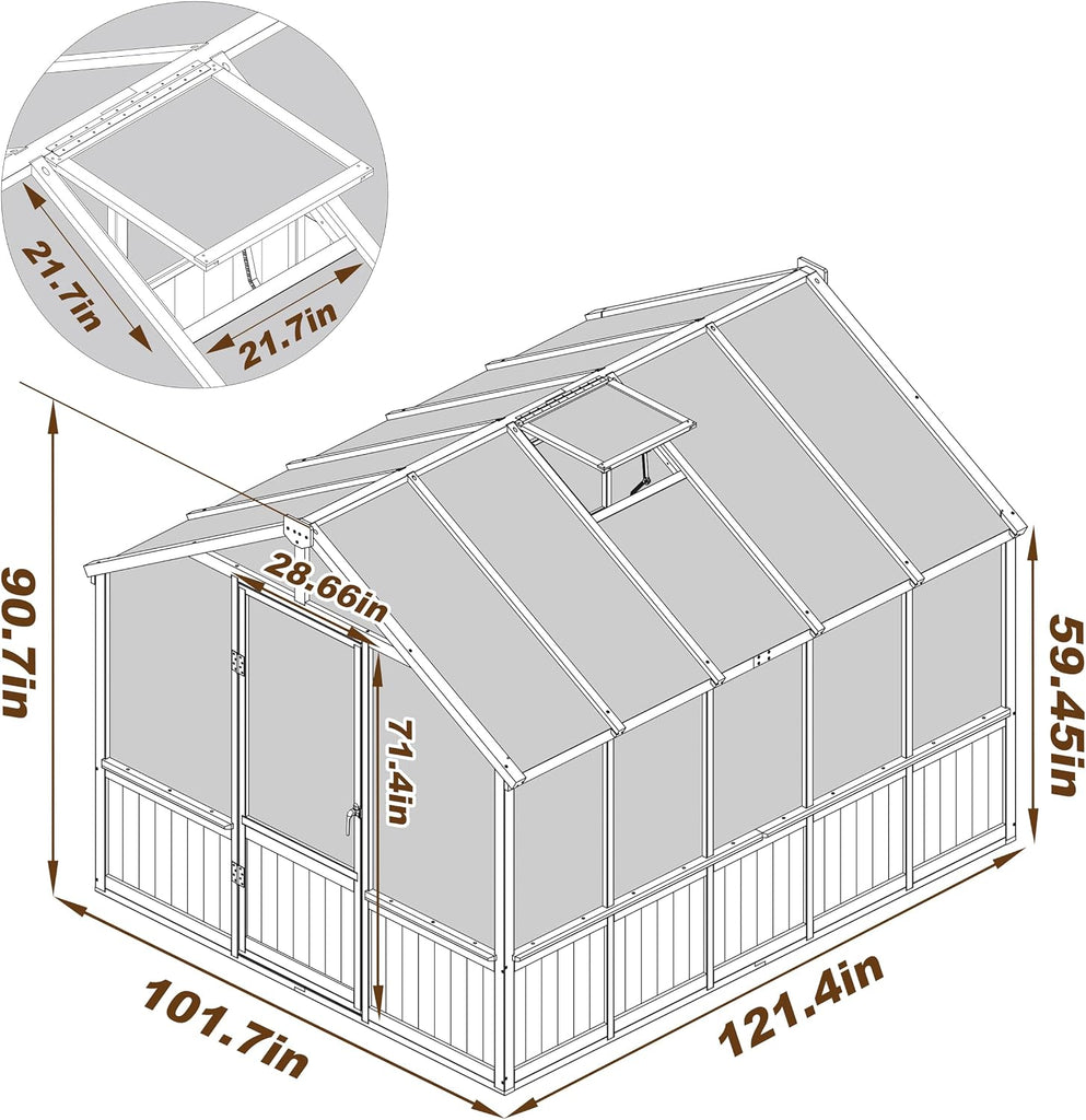 8x10FT Greenhouses for Outdoors, Walk-in Wooden Greenhouse with Cedar Frame & Adjustable Vent, Garden Green House