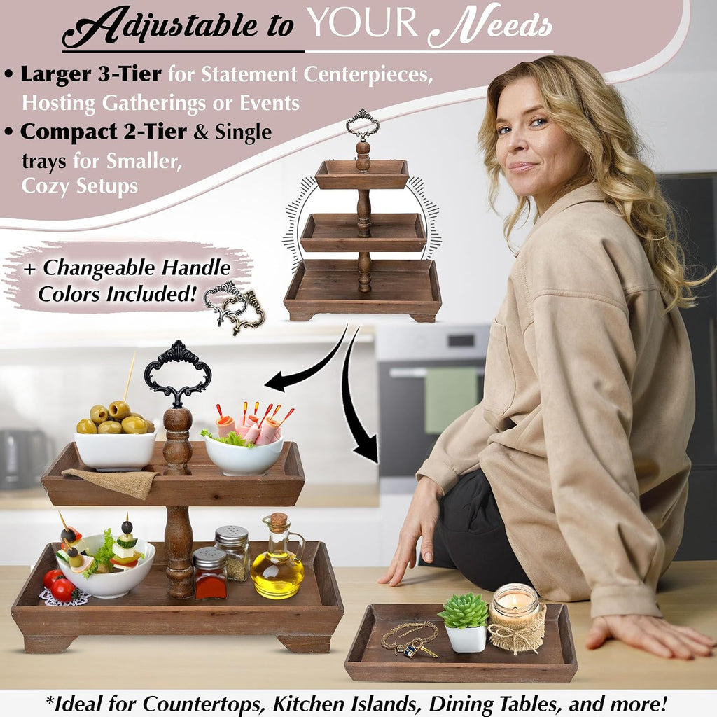 3 Tier Serving Tray [3 in 1] - Gorgeous Coffee Table Tray [Includes 3 Changeable Handles] - Can Assemble into a 1, 2