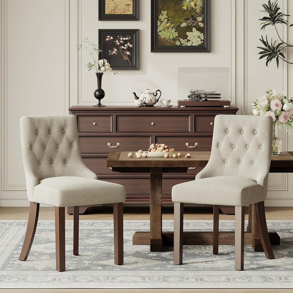 Upholstered Dining Chairs Set of 2, Wingback Dining Room Chairs with Tufted Button, Fabric Dining Chairs with Solid