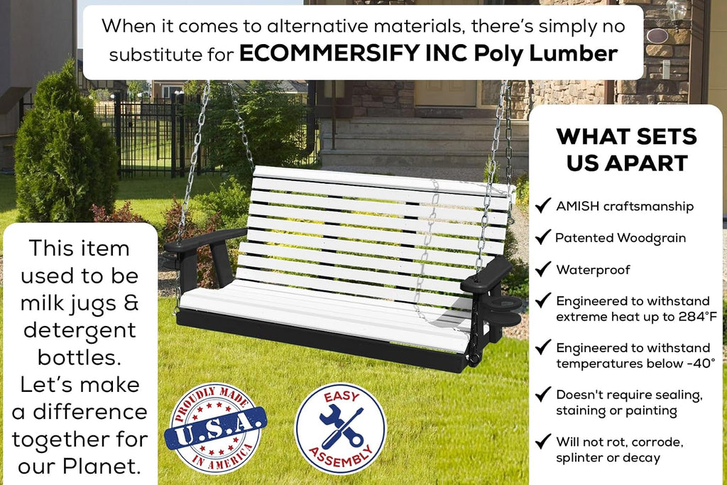 Poly Lumber Wood 5FT Porch Swing Amish Craftsmandship Made in USA HDPE with No wood fibers and 1000 lbs Limit.