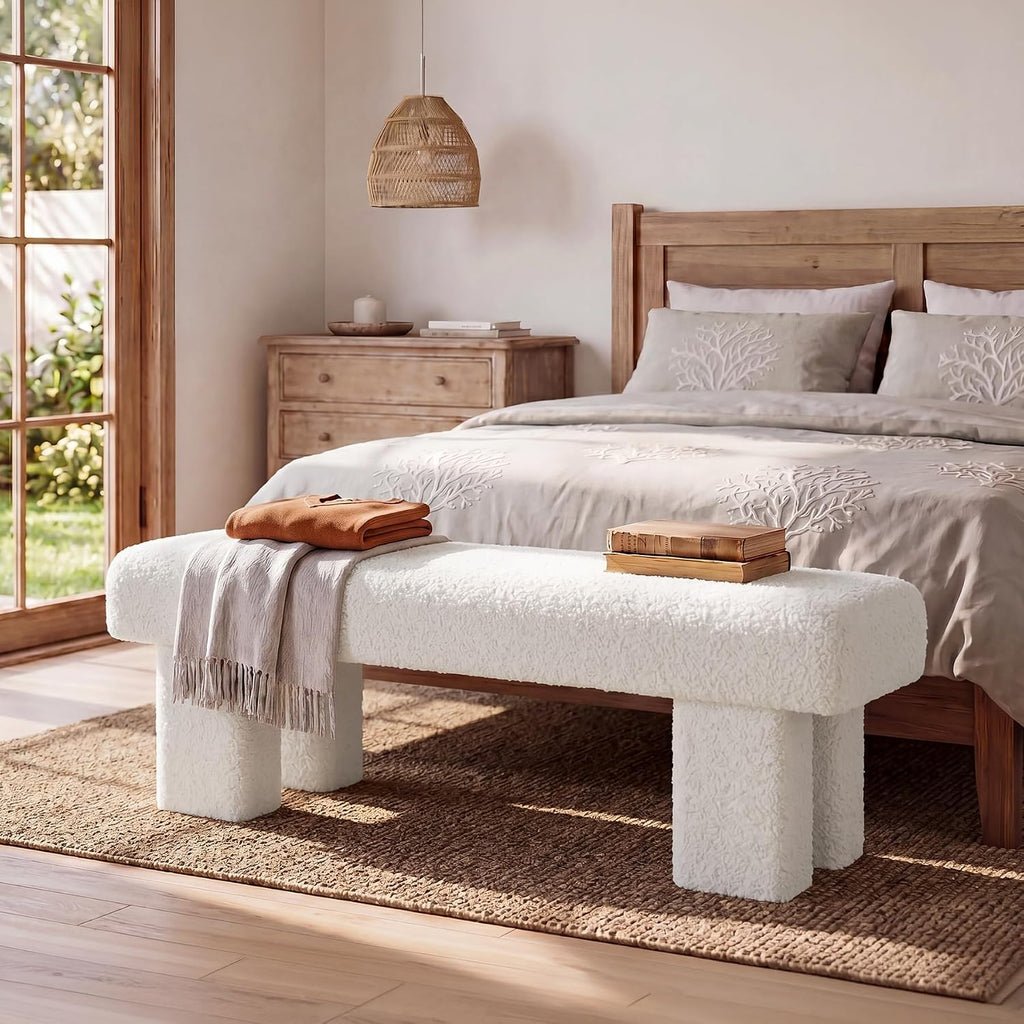 59" White Upholstered End of Bed Bench, Long Bench | Modern Bench for King Bed, High Resilience Entryway Bench ,Teddy