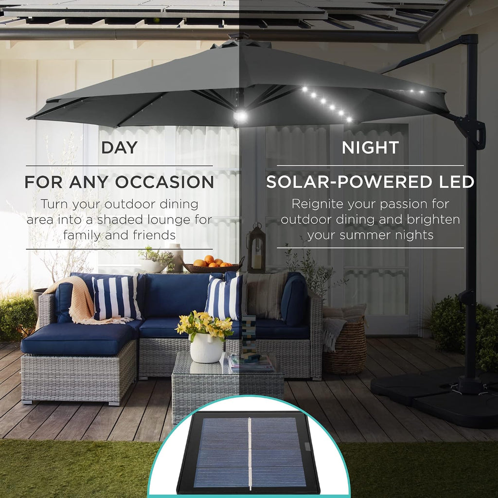 10ft Solar LED Cantilever Patio Umbrella, 360-Degree Rotation Hanging Offset Market Outdoor Sun Shade w/Lights - Gray