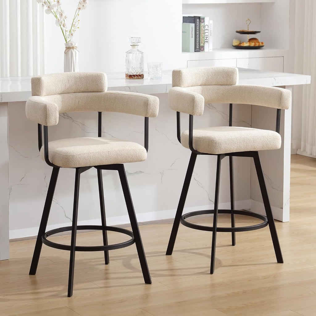 Swivel Bar Stools with Backs and Arms, Modern Bar Stools Set of 2 Island, 26" Upholstered Linen Counter Height Bar