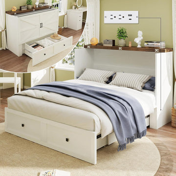 Full Murphy Bed with Charging Station, Cabinet Bed with Large Storage Drawer for Home Office or Small Room, Full