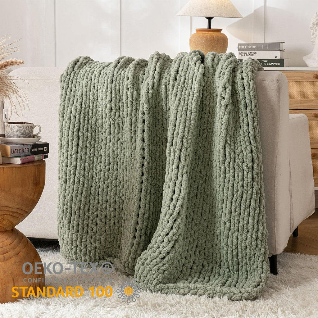 Chunky Knit Blanket Throw, 100% Hand Knit Throw Blanket Handmade Chenille Cable Knit Throw, Stylish Cozy Soft Rope