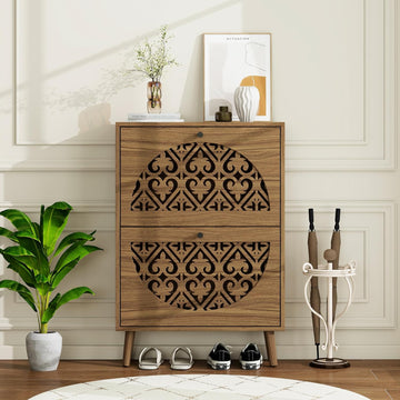 23.6" W Slim Shoe Cabinet with 2 Flip Drawers, Carved Floral Shoe Rack, Mid-Century Modern Free-Standing Heart-Shaped