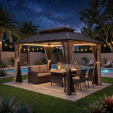 10' x 12' Hardtop Gazebo Permanent Metal Gazebo with Galvanized Steel Double Roof, Curtains and Netting for Party