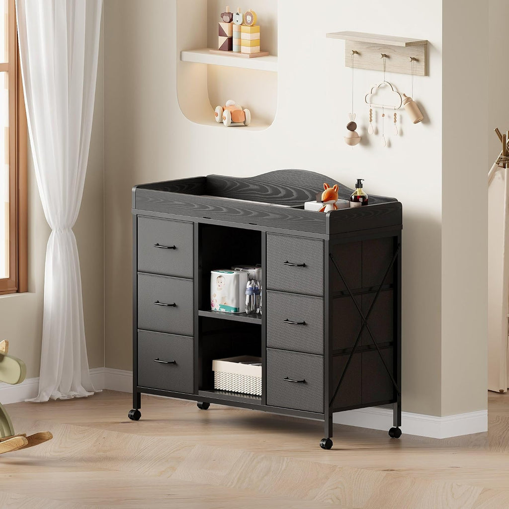 Changing Table, 6-Drawer Dresser, Adjustable Shelves, Mobile, Black | Changing Table,Waterproof Diaper pad & Safety