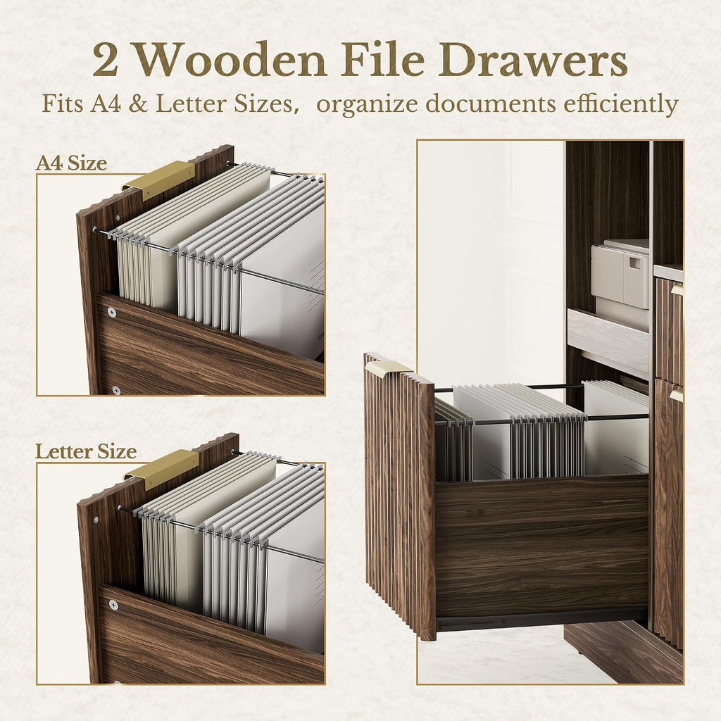 3 Drawer File Cabinet, Fluted Wood Lateral Filing Cabinet with Charging Station , Fits for A4/Letter-Sized Files