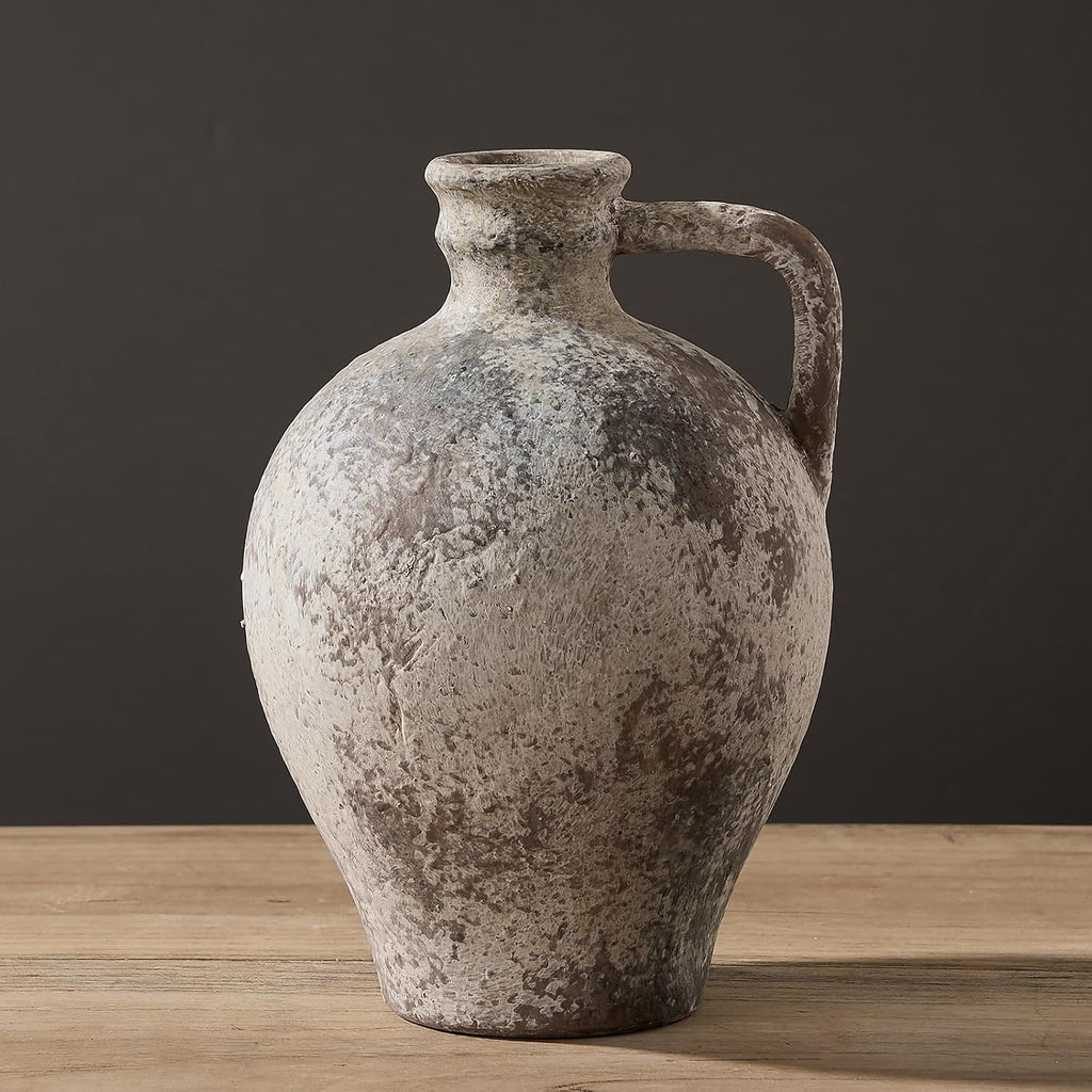 Ceramic Rustic Farmhouse Vase,8.25 inch Terracotta Vase with Handle,Neutral Clay Pot Vases Decorative Vase