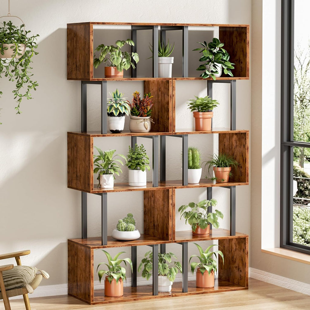 6 Tier Bookshelf, Tall S Shaped Geometric Bookcase, Modern Display Shelf Standing Unit
