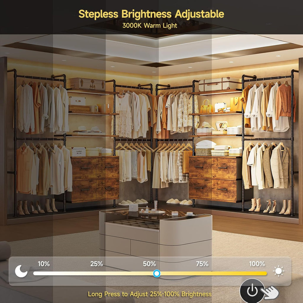 T3 Closet System with Stepless Dimmable LED Light, Industrial Pipe Clothing Rack with 4 Drawers, 6 Wooden Shelves & 4