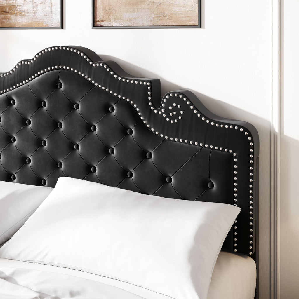 Full Size Bed Frame with Adjustable Headboard/Velvet Upholstered/Diamond Button Tufted and Metal Studs/No Box Spring