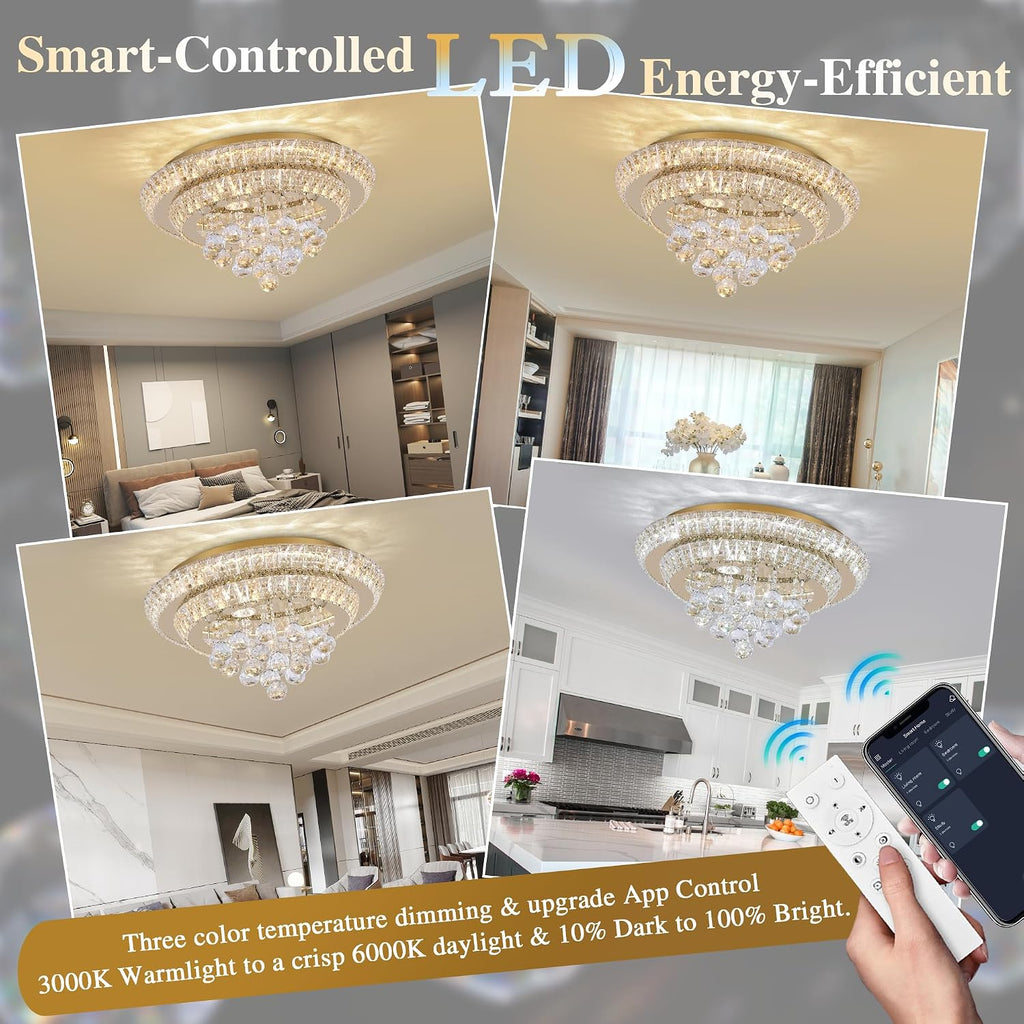 18 inch Crystal Chandeliers With Remote and APP Control, Modern Luxury Flush Mount Gold Ceiling Light, 3CCT Dimmable