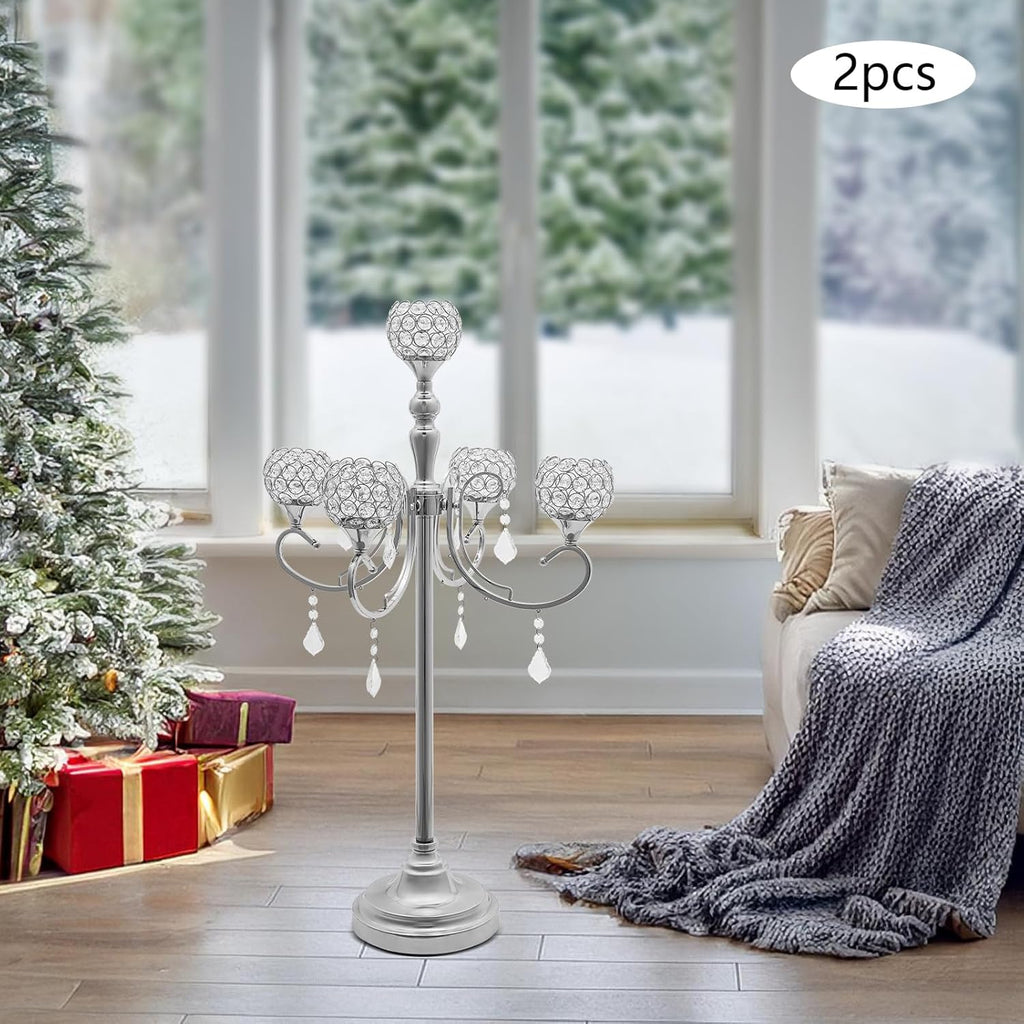 2 Packs 5 Arms Crystal Candelabra Wedding Centerpieces for Tables, candelabros para centros de mesa Set with