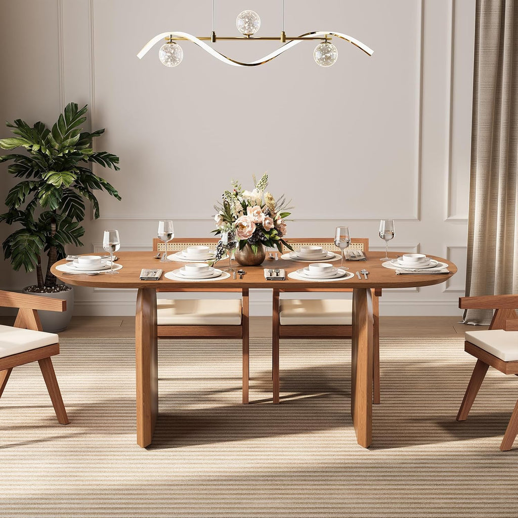 Japandi Oval Dining Table for 4, 59.1 Inch Solid Pine Wood Kitchen Table, Modern Mid Century Minimalist Kitchen &